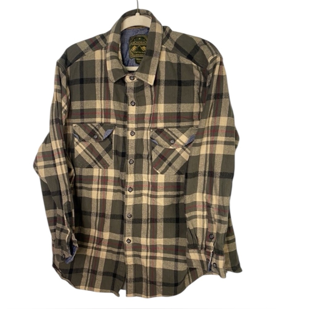 Anchorage Expedition Brand  Mens 2XL Flannel Button Up‎ Shirt Green Plaid Button